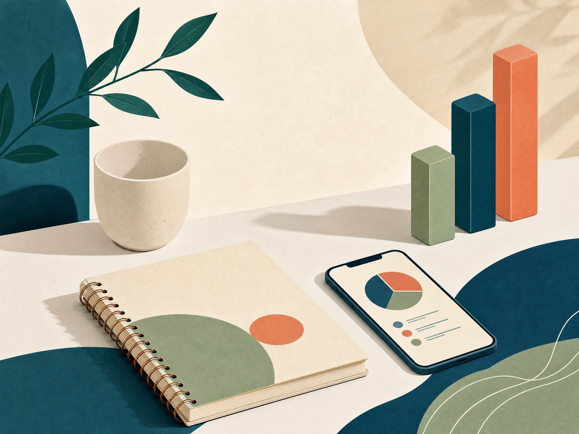 Ilustración editorial de una libreta y herramientas para organizar las finanzas